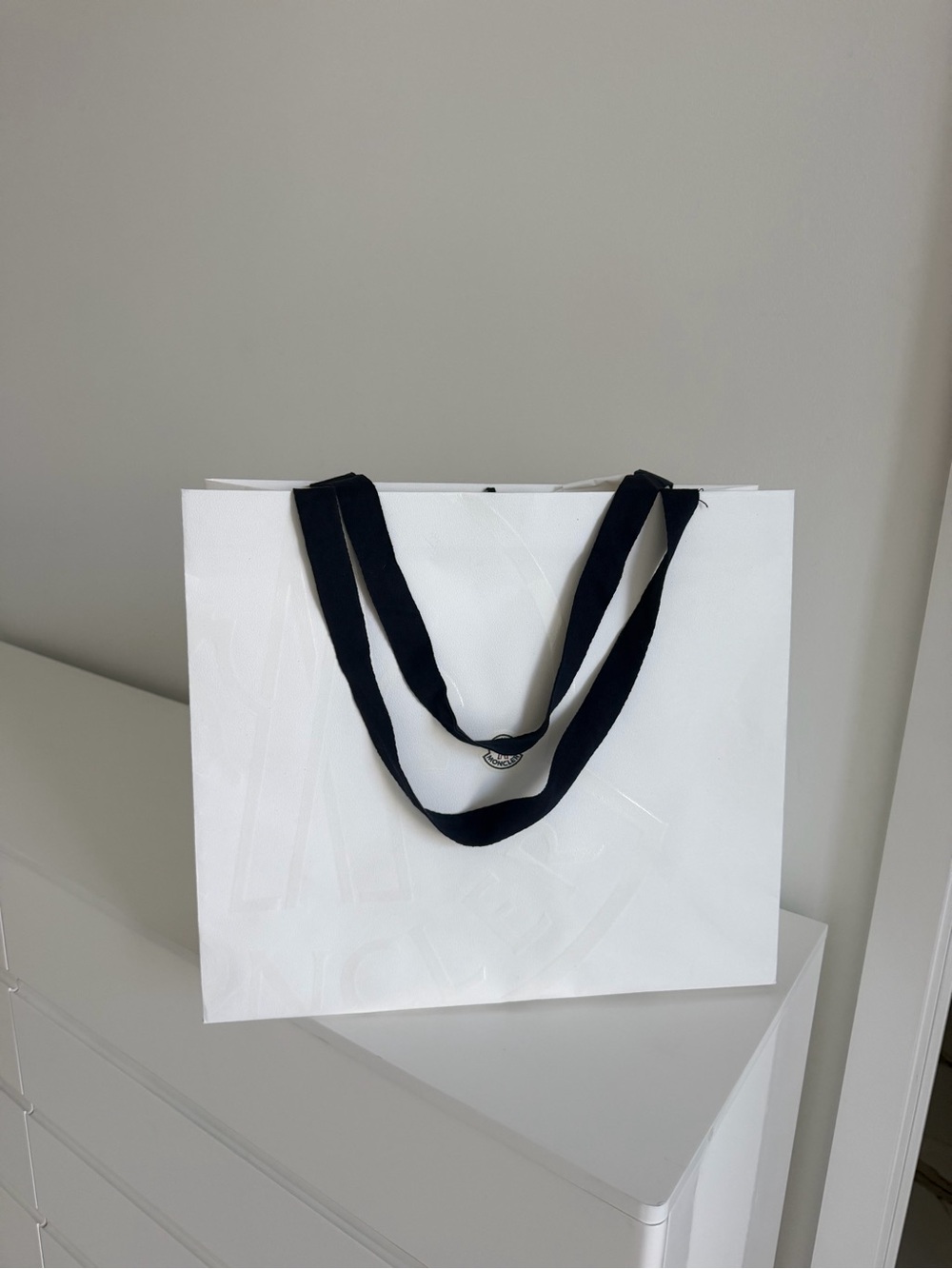 Moncler White Shopping Bag with Black Ribbon Handles